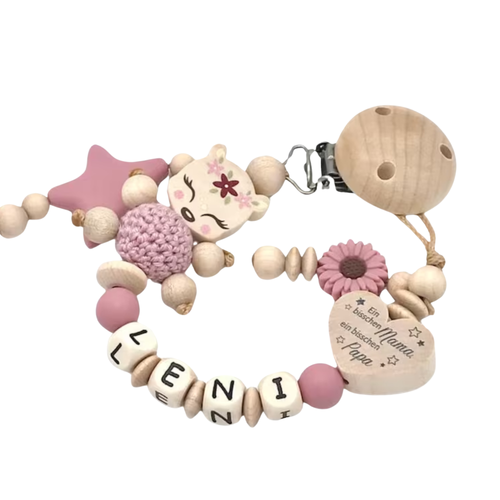 Personalisierte Schnullerkette mit Namen – Holz & Silikon – Baby Mädchen Blush – Reh Design