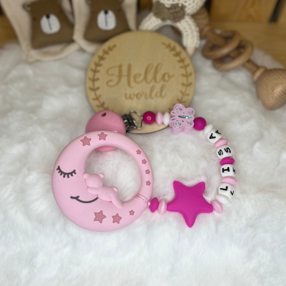 Personalisierte Beißkette mit Namen – Spielkette & Beißanhänger Mond  für Babys