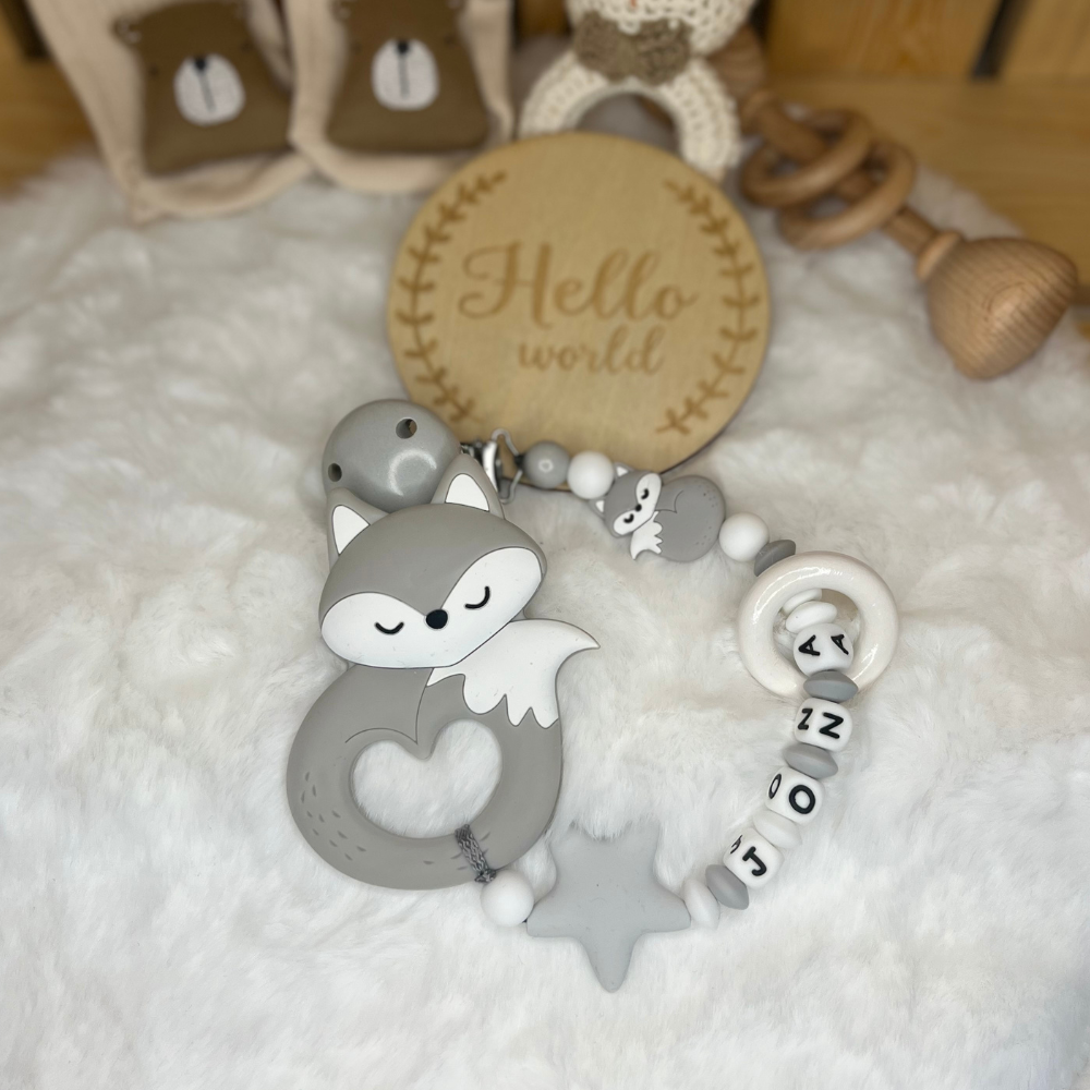 Personalisierte Beißkette mit Namen – Spielkette & Beißanhänger Fuchs  für Babys