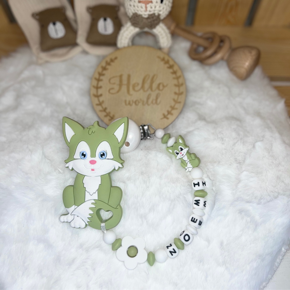 Personalisierte Beißkette mit Namen – Spielkette & Beißanhänger Cutie Fox  für Babys