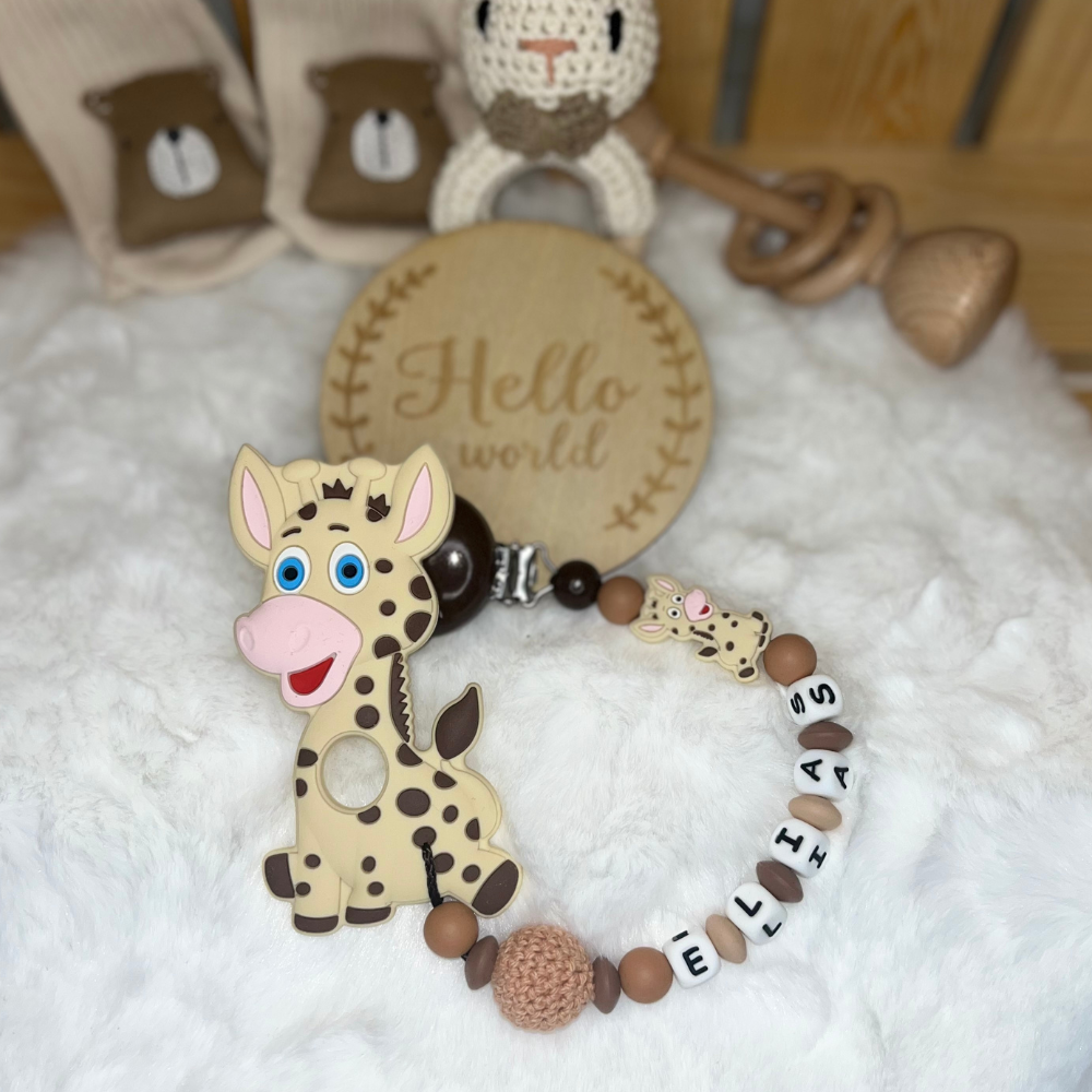 Personalisierte Beißkette mit Namen – Spielkette & Beißanhänger Giraffe für Babys