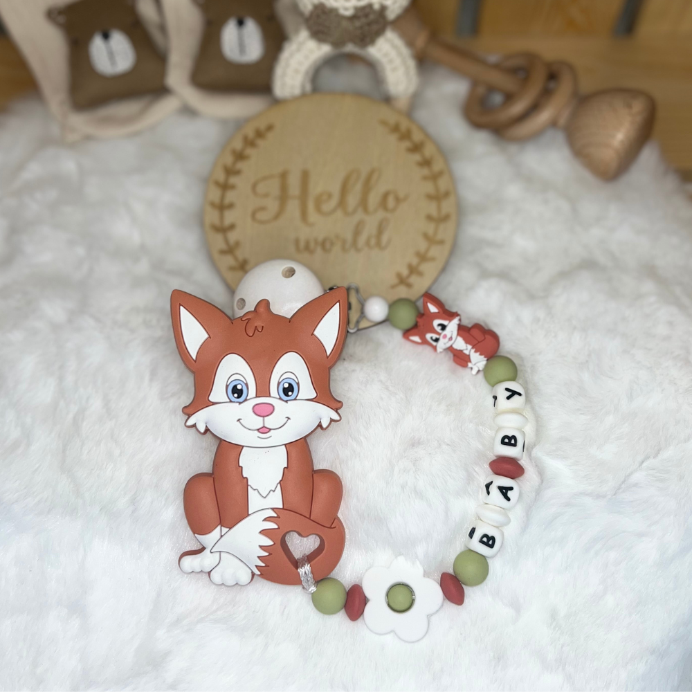 Personalisierte Beißkette mit Namen – Spielkette & Beißanhänger Cutie Fox  für Babys