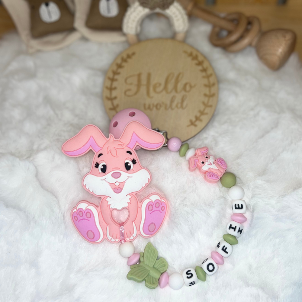 Personalisierte Beißkette mit Namen – Spielkette & Beißanhänger Hase für Babys