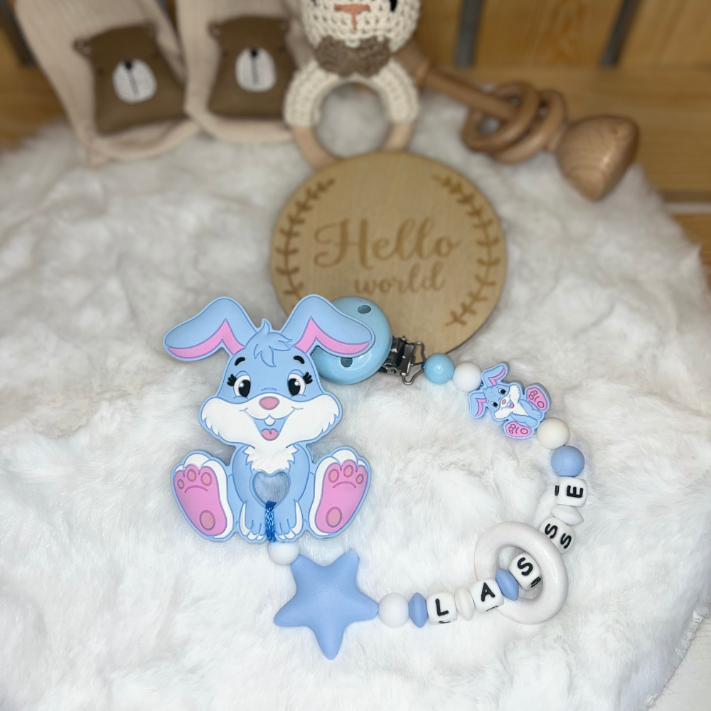 Personalisierte Beißkette mit Namen – Spielkette & Beißanhänger Hase für Babys
