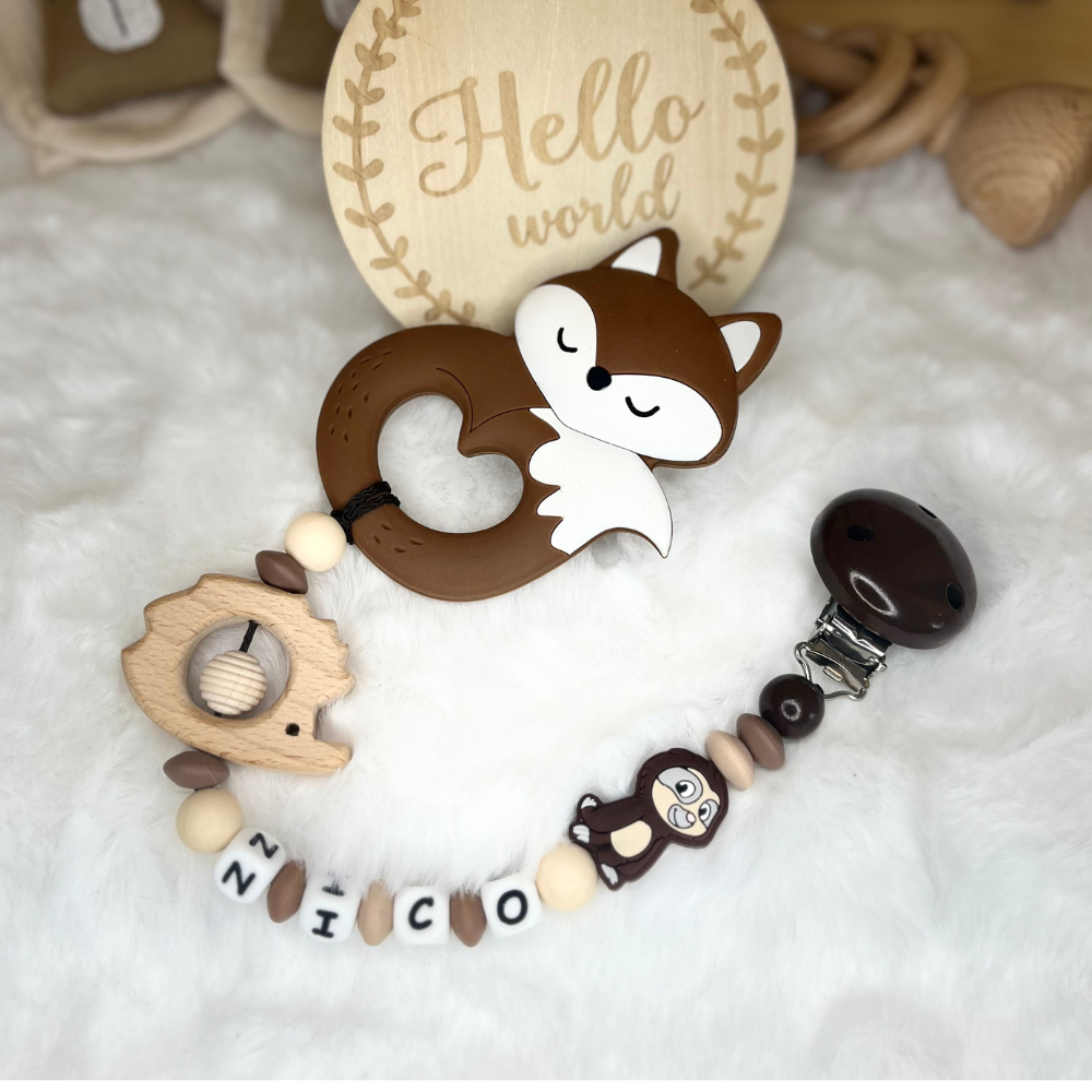 Personalisierte Beißkette mit Namen – Spielkette & Beißanhänger Fuchs für Babys