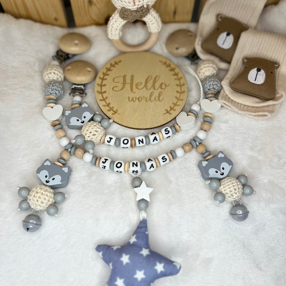 3.tlg Set Schnullerkette Greifling & Kinderwagenkette mit Namen Fuchs