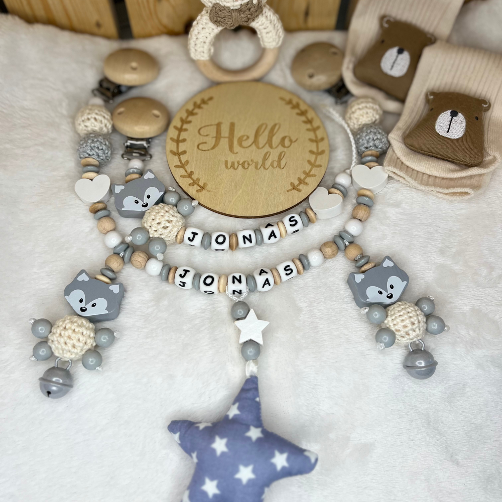 3.tlg Set Schnullerkette Greifling & Kinderwagenkette mit Namen Fuchs