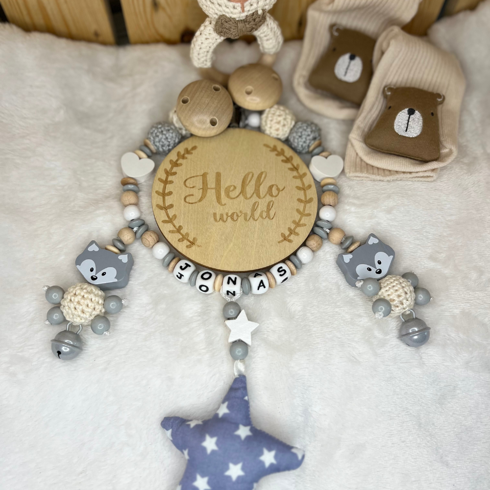 3.tlg Set Schnullerkette Greifling & Kinderwagenkette mit Namen Fuchs