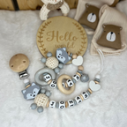 3.tlg Set Schnullerkette Greifling & Kinderwagenkette mit Namen Fuchs