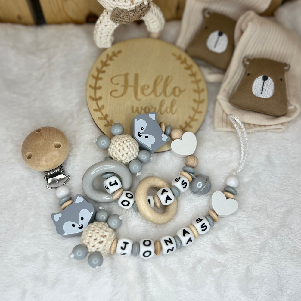3.tlg Set Schnullerkette Greifling & Kinderwagenkette mit Namen Fuchs