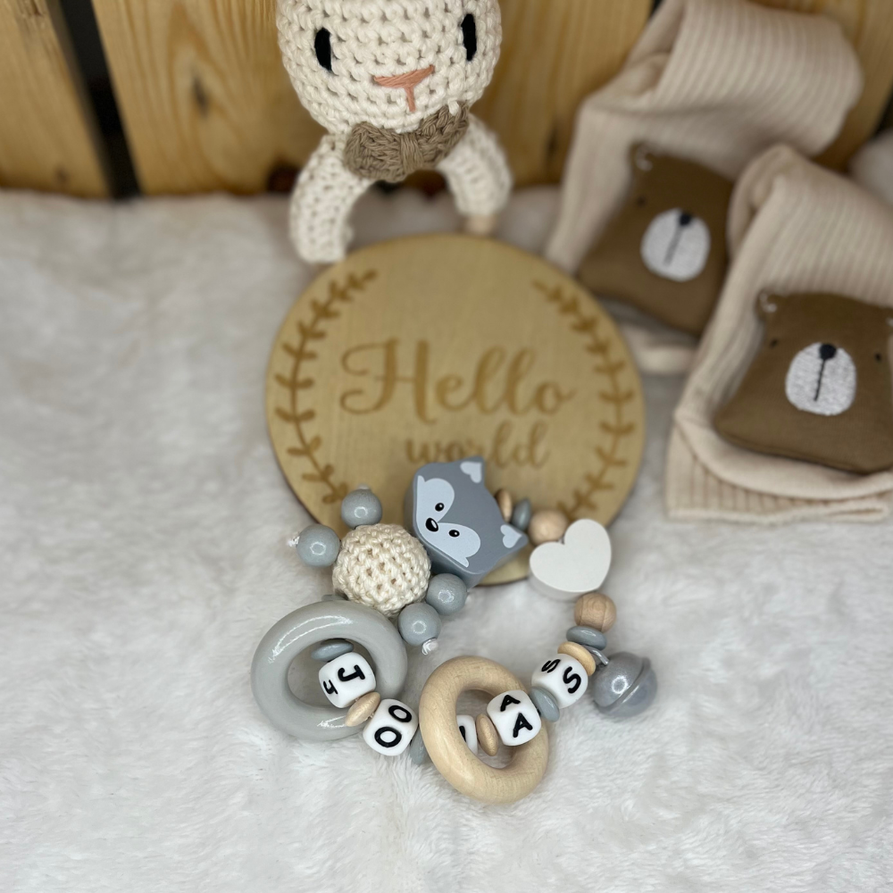 3.tlg Set Schnullerkette Greifling & Kinderwagenkette mit Namen Fuchs
