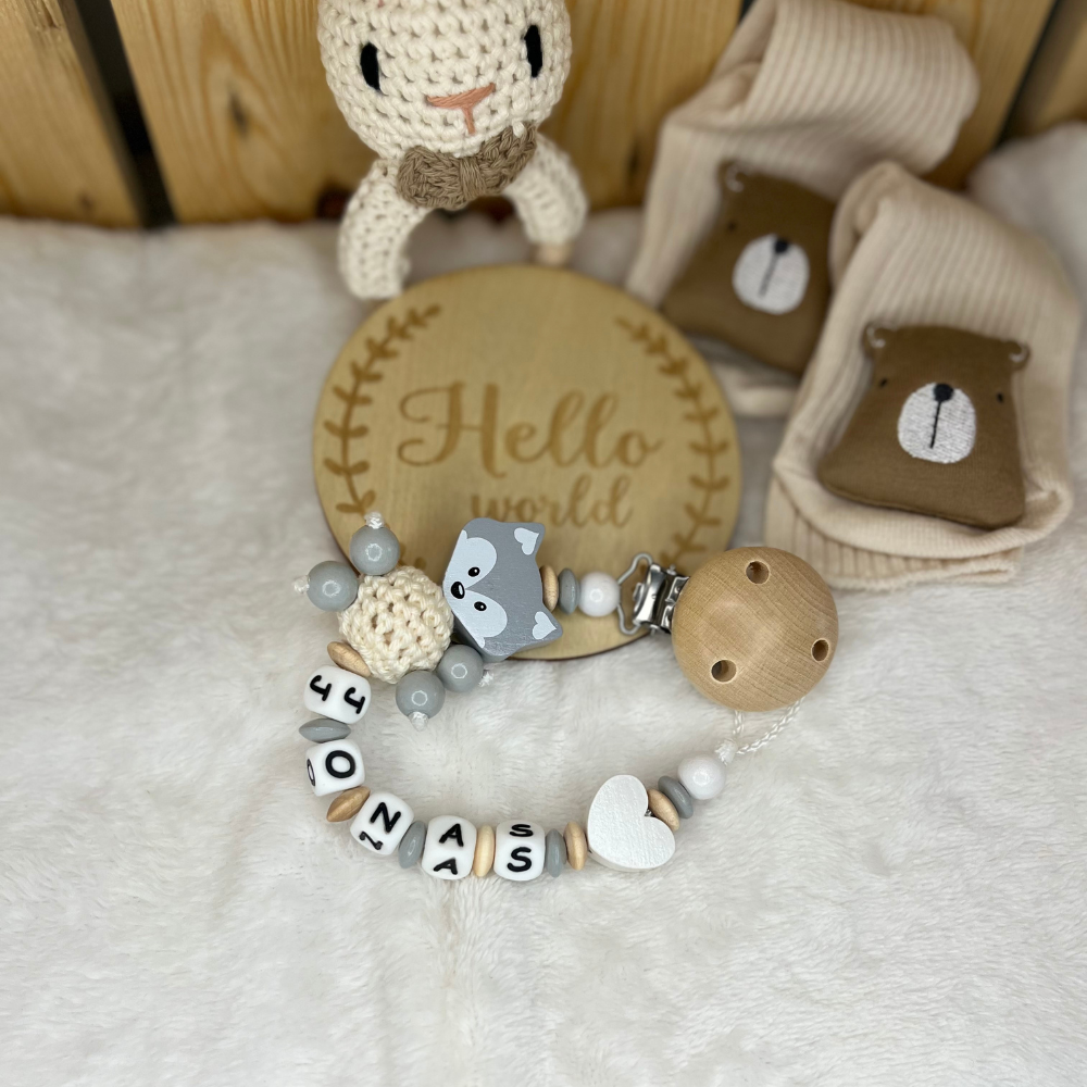 3.tlg Set Schnullerkette Greifling & Kinderwagenkette mit Namen Fuchs