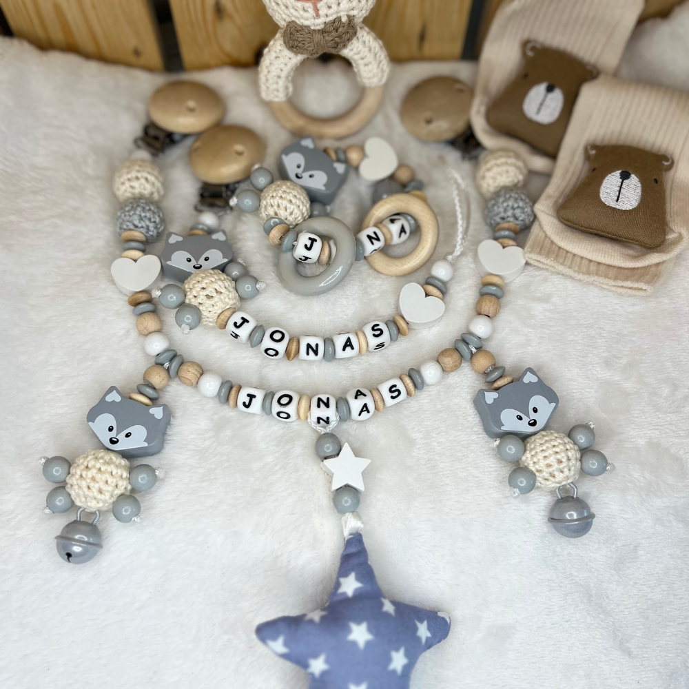 3.tlg Set Schnullerkette Greifling & Kinderwagenkette mit Namen Fuchs