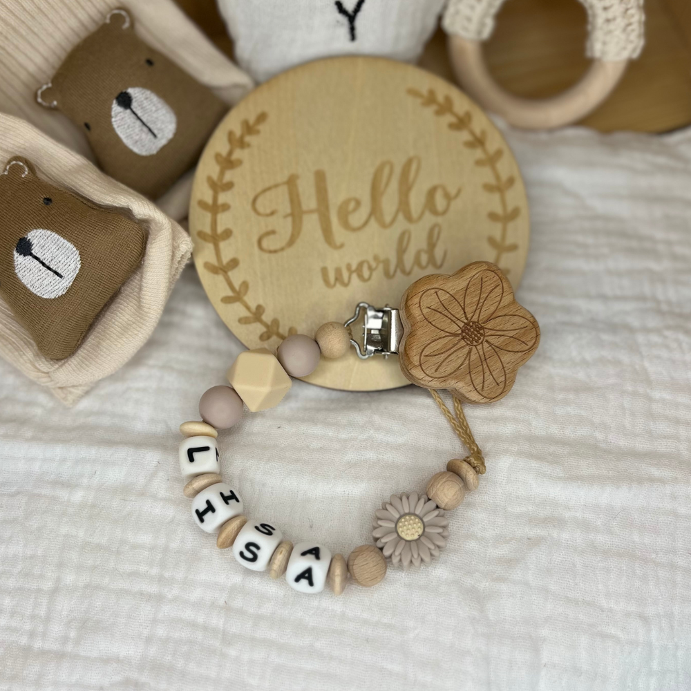 Schnullerkette mit Namen für Mädchen Sonnenblume Naturtöne