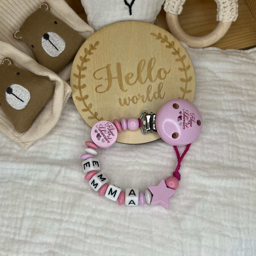 Schnullerkette mit Namen für Mädchen Kleine Schwester Rosatöne