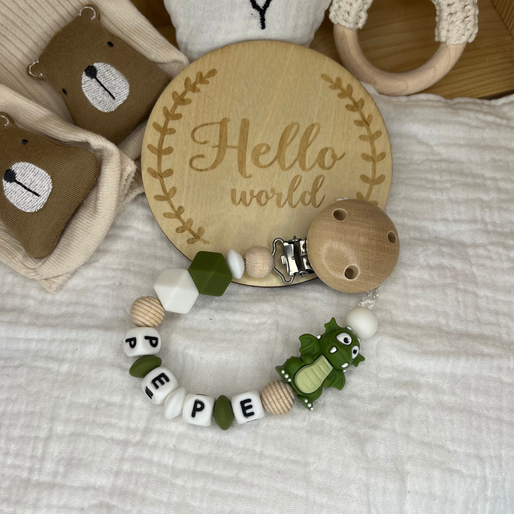 Schnullerkette mit Namen für Junge Drache Weiß Grün Beige