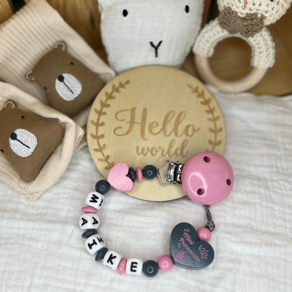 Schnullerkette mit Namen für Mädchen Mini Prinzessin Babyrosa & Grau