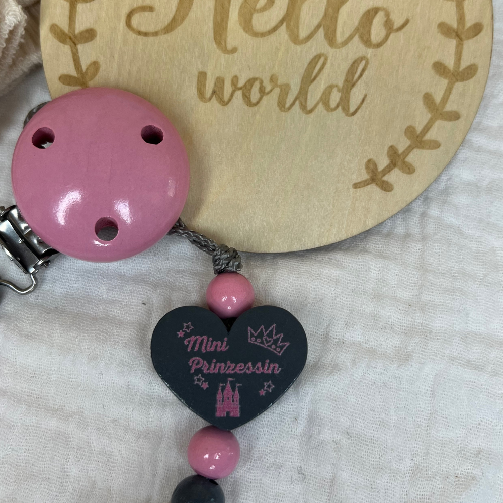 Schnullerkette mit Namen für Mädchen Mini Prinzessin Babyrosa & Grau