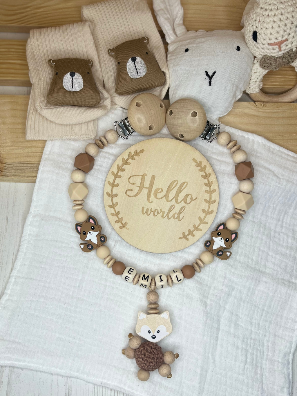 Kinderwagenkette mit Namen – Fuchs - handgemacht & personalisiert