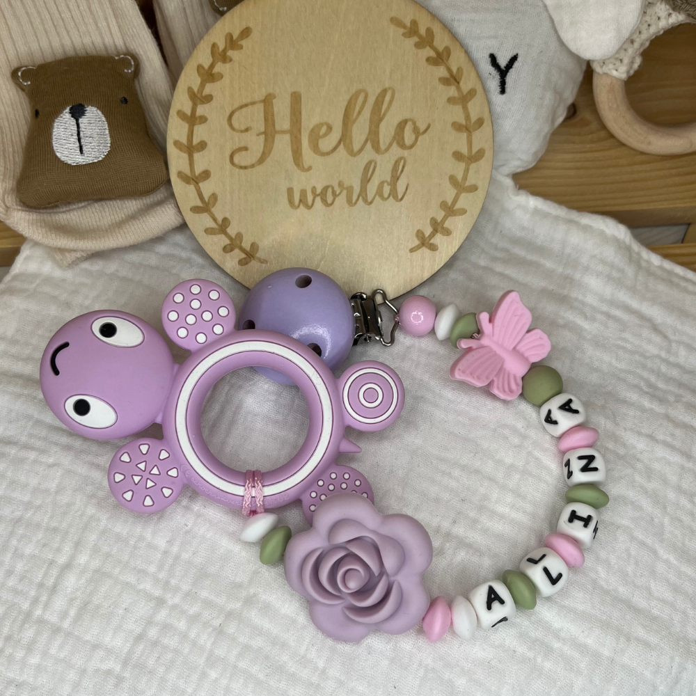 Personalisierte Beißkette mit Namen – Spielkette & Beißanhänger Schildkröte  für Babys