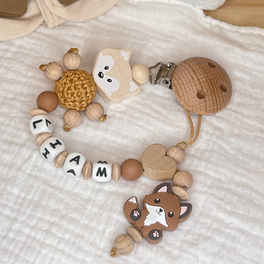 Personalisierte Schnullerkette – Fuchs & Herz, Babygeschenk für Jungen & Mädchen