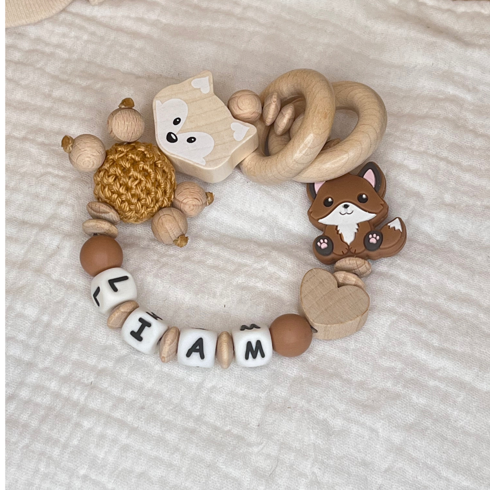 Personalisierte Schnullerkette – Fuchs & Herz, Babygeschenk für Jungen & Mädchen