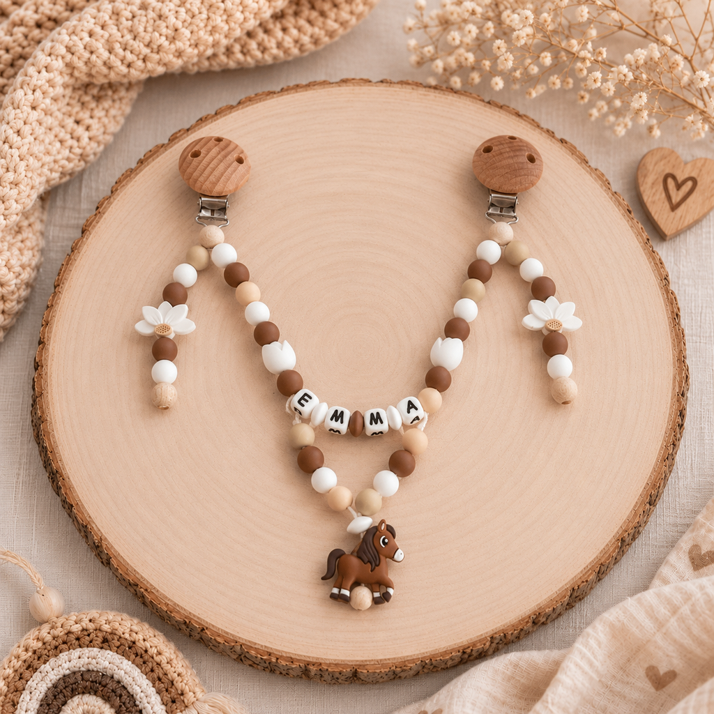 3er Set mit Namen Pferd | Schnullerkette, Greifring & Kinderwagenkette