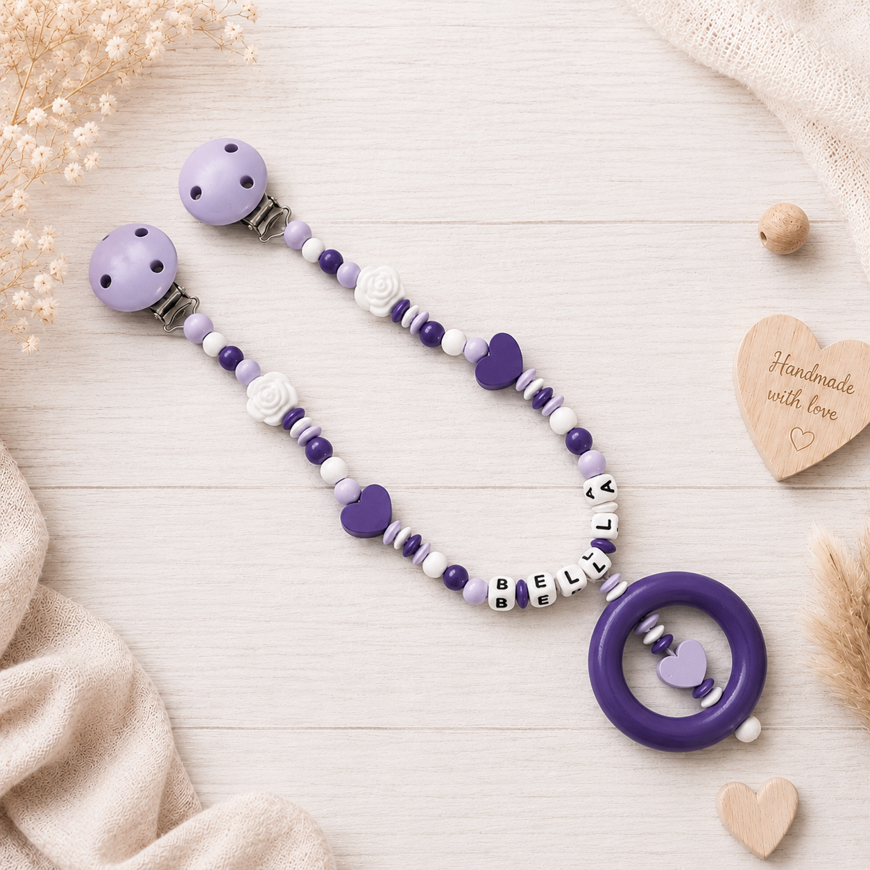 3er Set mit Namen Herz | Schnullerkette, Greifring & Kinderwagenkette