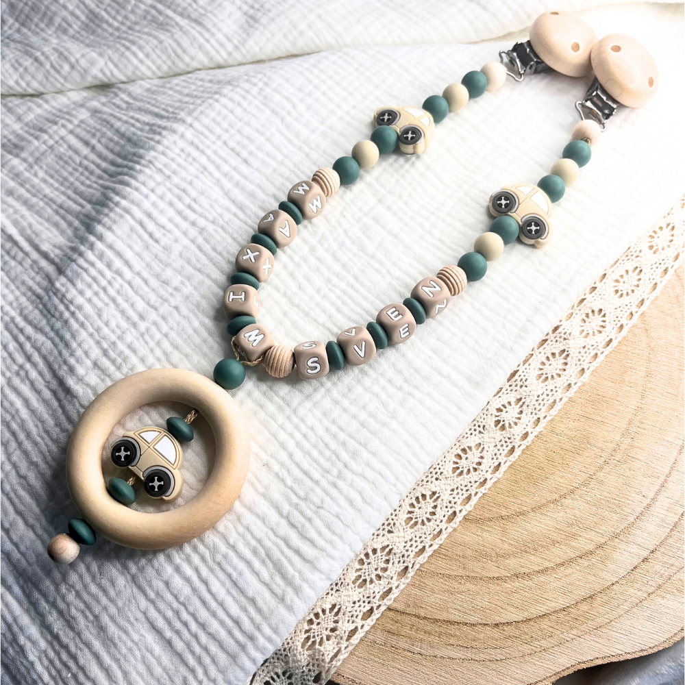 3er Set – Personalisierte Schnullerkette, Greifling & Kinderwagenkette - Auto - Baby Junge