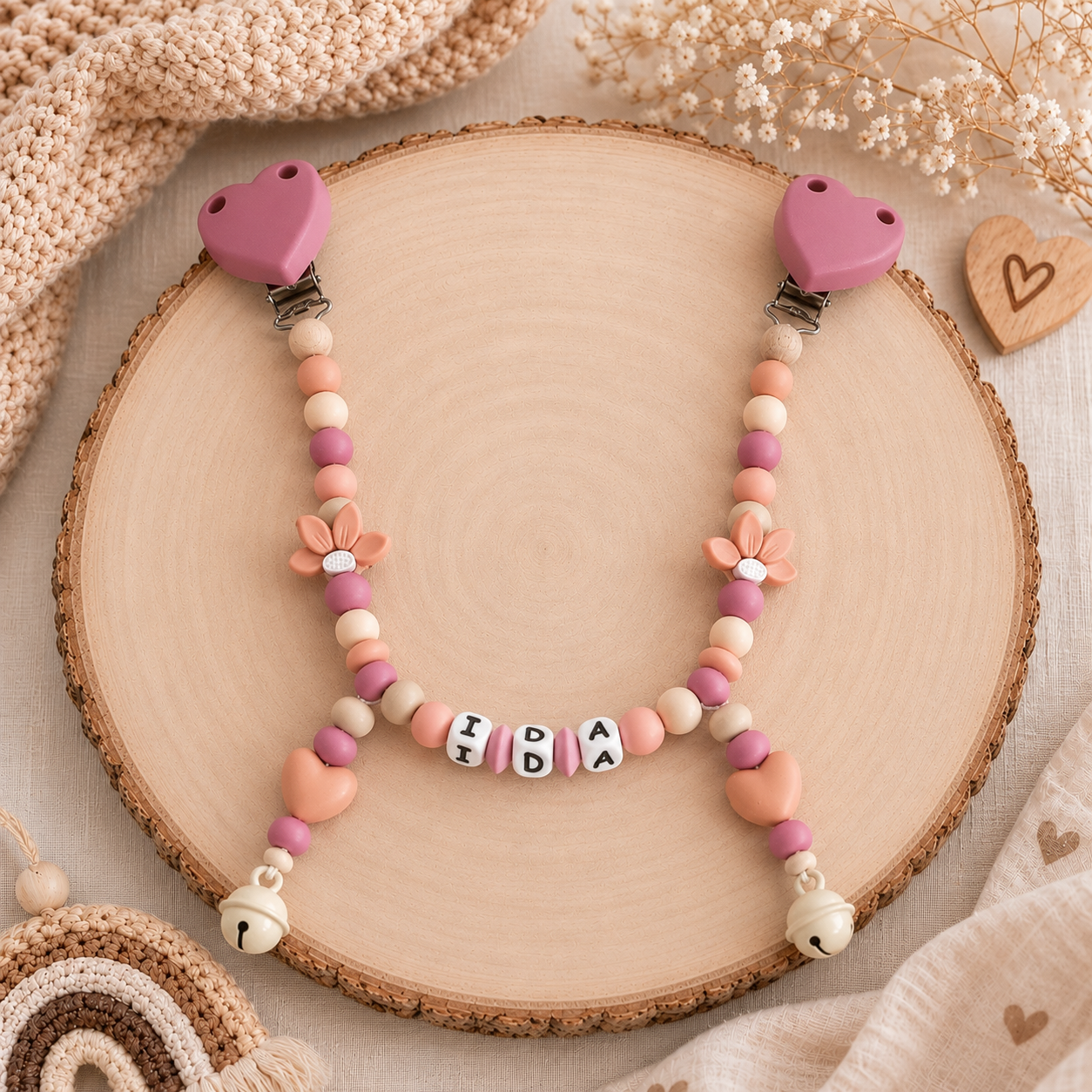 3er Set mit Namen Blume Herz | Schnullerkette, Greifring & Kinderwagenkette