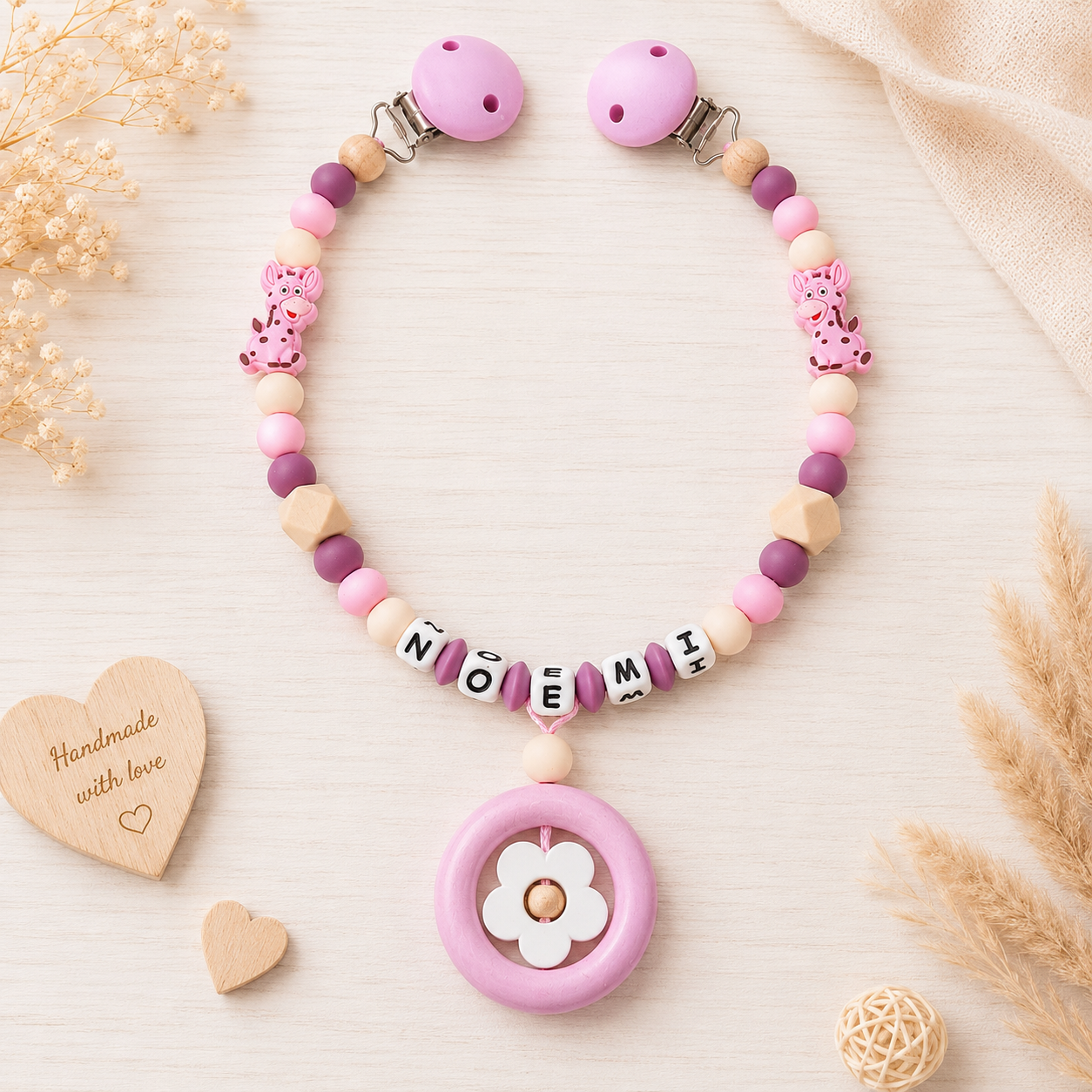 3er Set mit Namen Giraffe | Schnullerkette, Greifring & Kinderwagenkette