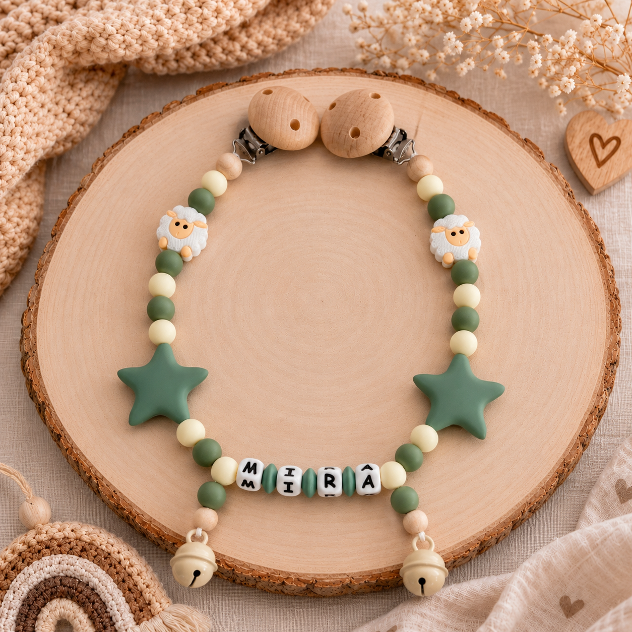 3er Set mit Namen 3D Schaf | Schnullerkette, Greifring & Kinderwagenkette