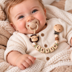 Personalisierte Schnullerkette mit Namen - Löwenmotiv in Naturfarben - Baby Geschenk