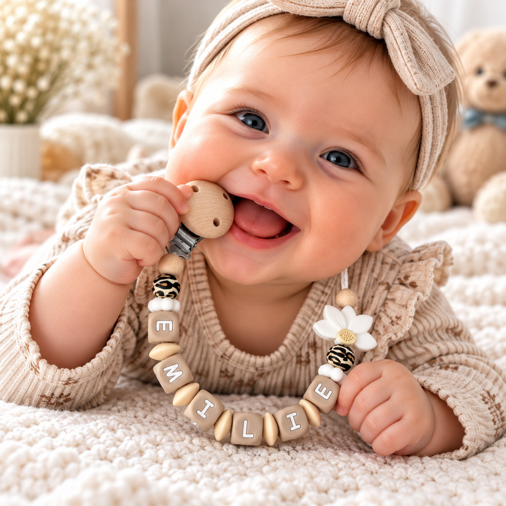Schnullerkette mit Namen - personalisiert - Blume - Baby Geschenk - natur beige weiß
