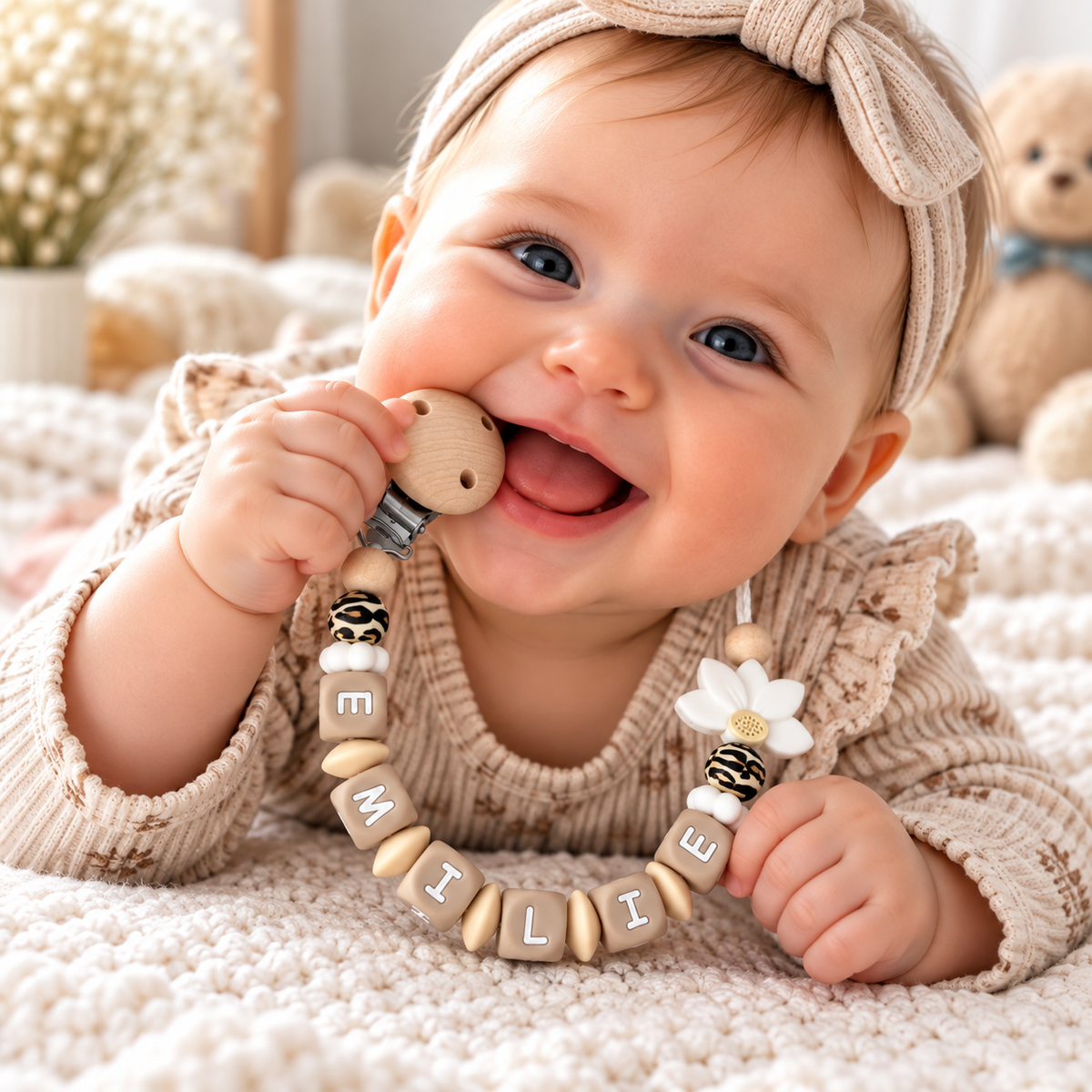 Schnullerkette mit Namen - personalisiert - Blume - Baby Geschenk - natur beige weiß