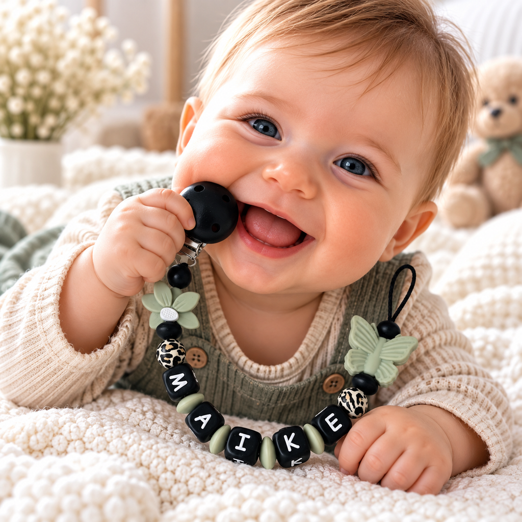 Schnullerkette mit Namen - personalisiert - Blume Schmetterling - Baby Geschenk - schwarz grün