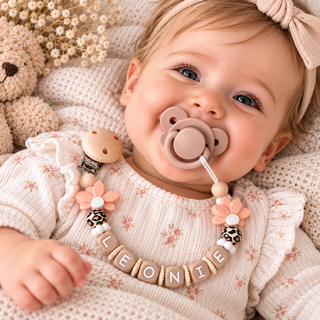 3er Set Baby Geschenk Leo Design – Schnullerkette, Greifling & Kinderwagenkette mit Namen