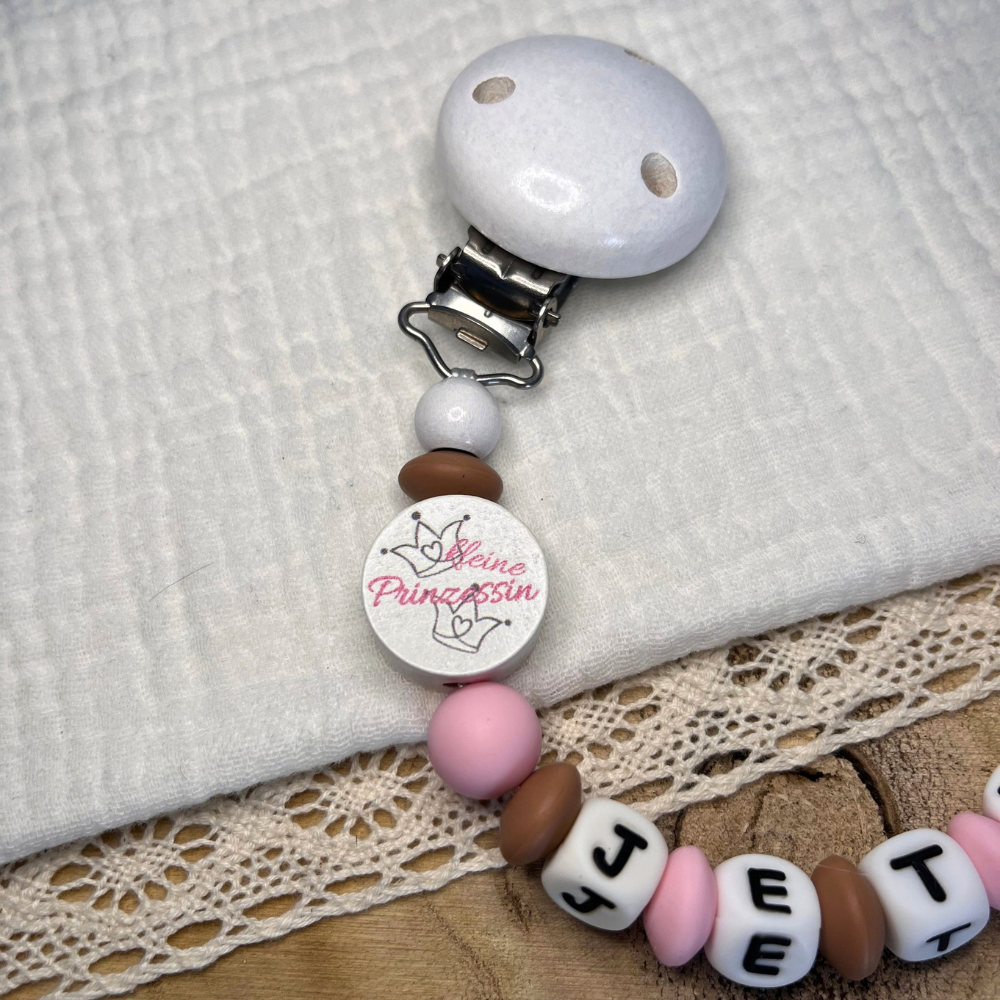 Schnullerkette mit Namen - personalisiert - Kleine Prinzessin - rosa braun weiß - Geschenk zur Geburt, Taufe, oder Babyparty