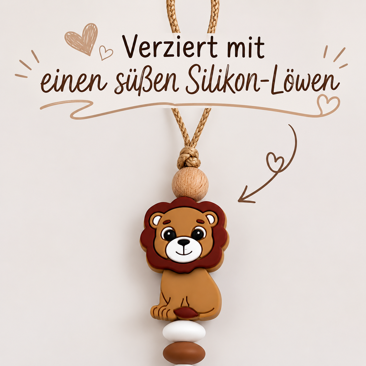 Personalisierte Schnullerkette mit Namen für Jungen - Löwe - Silikon & Holz - Braun Weiß