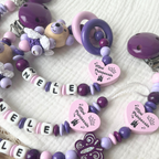 Personalisierte Baby Geschenkset Mini Prinzessin – Schnullerkette, Greifling & Kinderwagenkette in Lila und Rosa