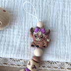 Schnullerkette mit Namen - personalisiert - Kuh mit Schleife - Baby Geschenk - natur lila