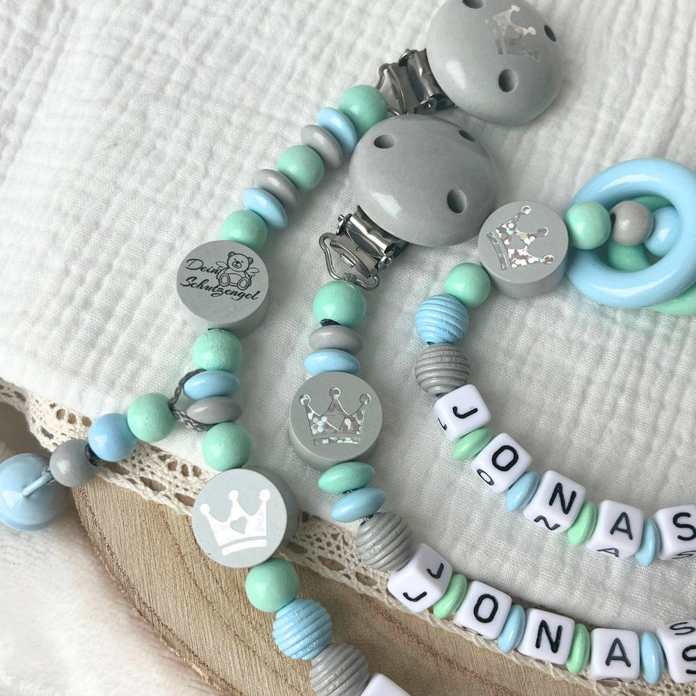 Personalisierte Schnullerkette mit Namen & Baby Geschenkset - Dein Schutzengel in Grau, Mint & Türkis