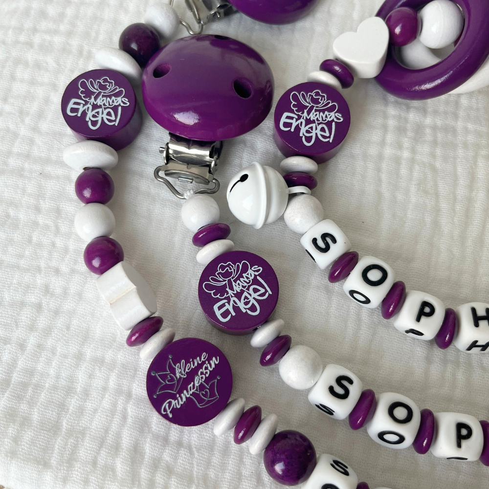 3er Set – Personalisierte Schnullerkette, Greifling & Kinderwagenkette - Kleine Prinzessin - violett weiß