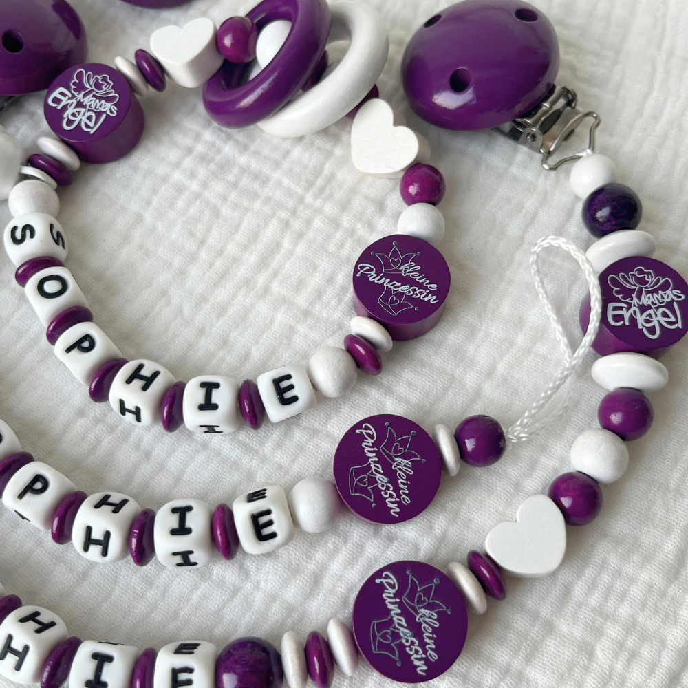 3er Set – Personalisierte Schnullerkette, Greifling & Kinderwagenkette - Kleine Prinzessin - violett weiß