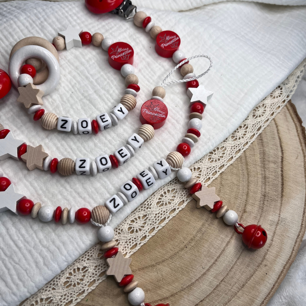 3er Set – Schnullerkette, Greifling & Kinderwagenkette mit Name - Mädchen - Kleine Prinzessin