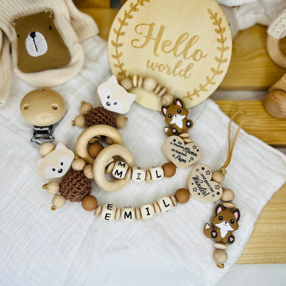 Schnullerkette Nuckelkette personalisiert mit Namen Mädchen Junge Fuchs Naturtöne