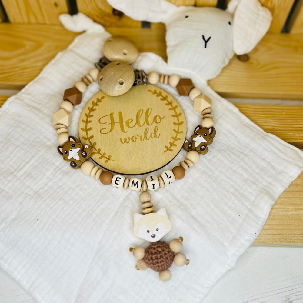 Schnullerkette Nuckelkette personalisiert mit Namen Mädchen Junge Fuchs Naturtöne