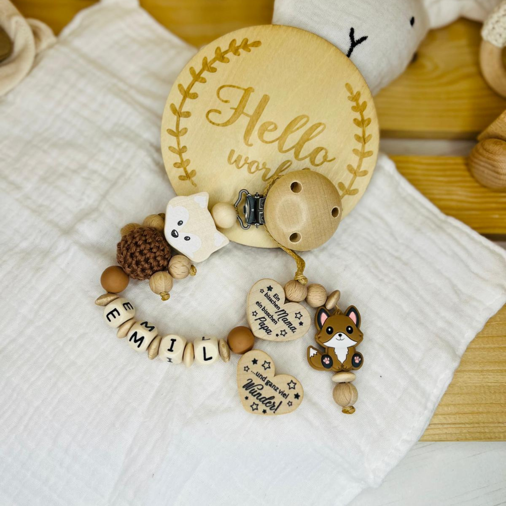 Schnullerkette Nuckelkette personalisiert mit Namen Mädchen Junge Fuchs Naturtöne