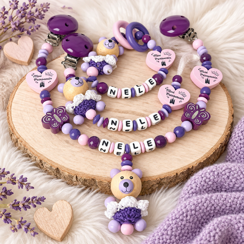 Personalisierte Baby Geschenkset Mini Prinzessin – Schnullerkette, Greifling & Kinderwagenkette in Lila und Rosa