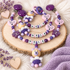 Personalisierte Baby Geschenkset Mini Prinzessin – Schnullerkette, Greifling & Kinderwagenkette in Lila und Rosa